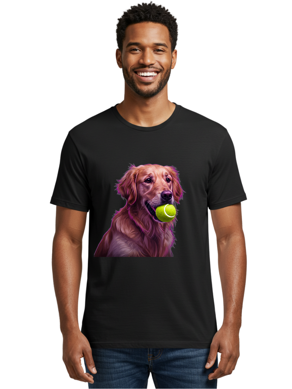 Golden-Retriever-Tennis-Ball Men'S Graphic Tee, 100% Cotton, Comfortable Casual Summer Wear, Machine Washable, Golden Retriever, Dog Holding Tennis Ball, Playful Dog, Tennis Ball In Mouth, Furry Friend, Happy Dog, Canine Companion, Fun Pet Bab998