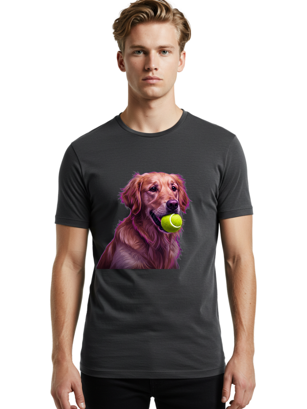 Golden-Retriever-Tennis-Ball Men'S Graphic Tee, 100% Cotton, Comfortable Casual Summer Wear, Machine Washable, Golden Retriever, Dog Holding Tennis Ball, Playful Dog, Tennis Ball In Mouth, Furry Friend, Happy Dog, Canine Companion, Fun Pet Bab998