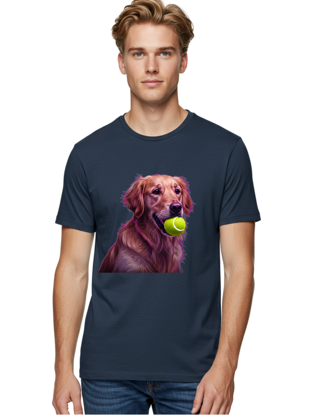 Golden-Retriever-Tennis-Ball Men'S Graphic Tee, 100% Cotton, Comfortable Casual Summer Wear, Machine Washable, Golden Retriever, Dog Holding Tennis Ball, Playful Dog, Tennis Ball In Mouth, Furry Friend, Happy Dog, Canine Companion, Fun Pet Bab998