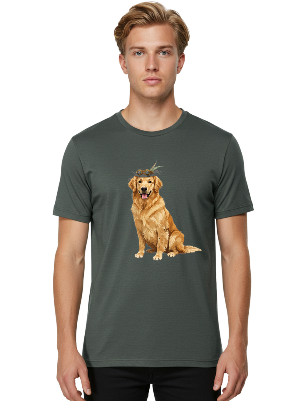 Golden-Retriever-With-Flower-Crown Men'S Graphic Tee, 100% Cotton, Comfortable Casual Summer Wear, Machine Washable, Golden Retriever Wearing Crown, Dog With Accessories, Floral Headpiece, Festive Dog, Pet Portrait, Playful Canine, Bab999