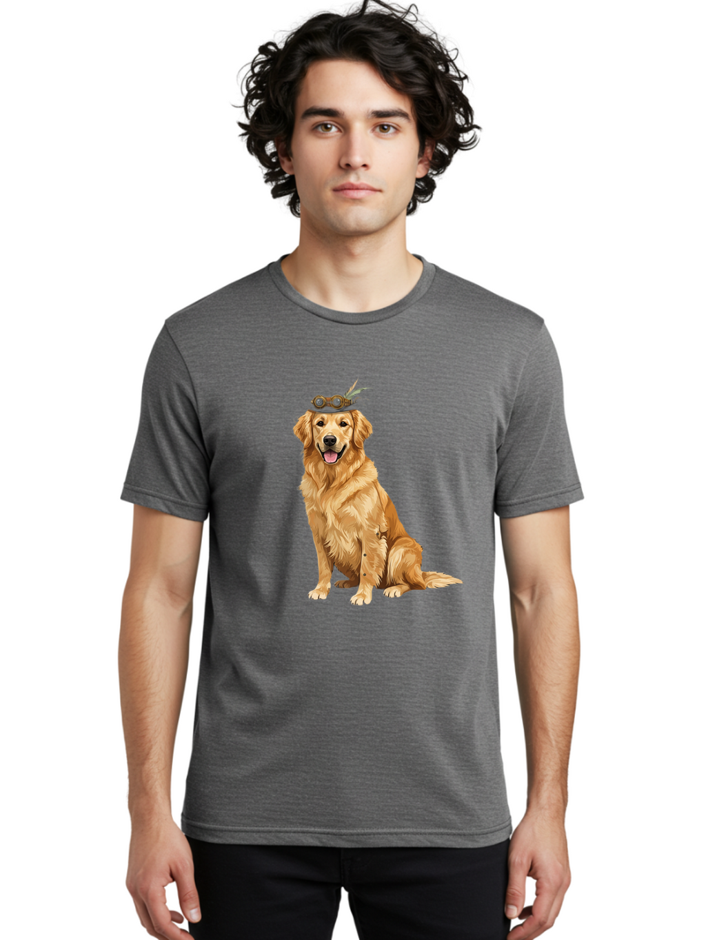 Golden-Retriever-With-Flower-Crown Men'S Graphic Tee, 100% Cotton, Comfortable Casual Summer Wear, Machine Washable, Golden Retriever Wearing Crown, Dog With Accessories, Floral Headpiece, Festive Dog, Pet Portrait, Playful Canine, Bab999