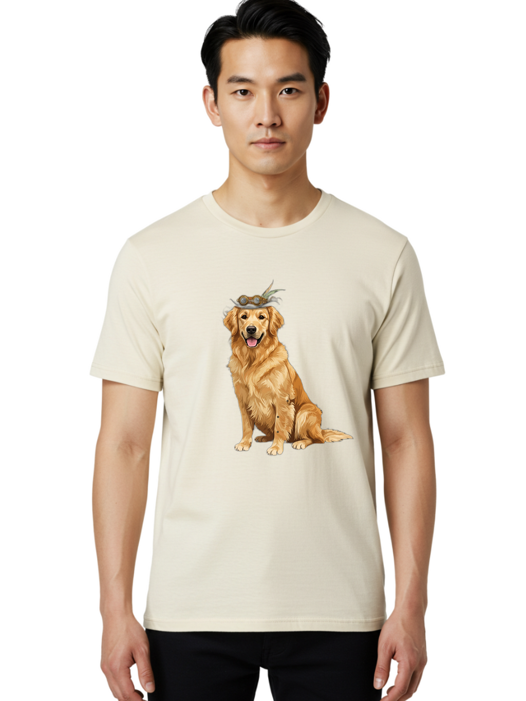 Golden-Retriever-With-Flower-Crown Men'S Graphic Tee, 100% Cotton, Comfortable Casual Summer Wear, Machine Washable, Golden Retriever Wearing Crown, Dog With Accessories, Floral Headpiece, Festive Dog, Pet Portrait, Playful Canine, Bab999