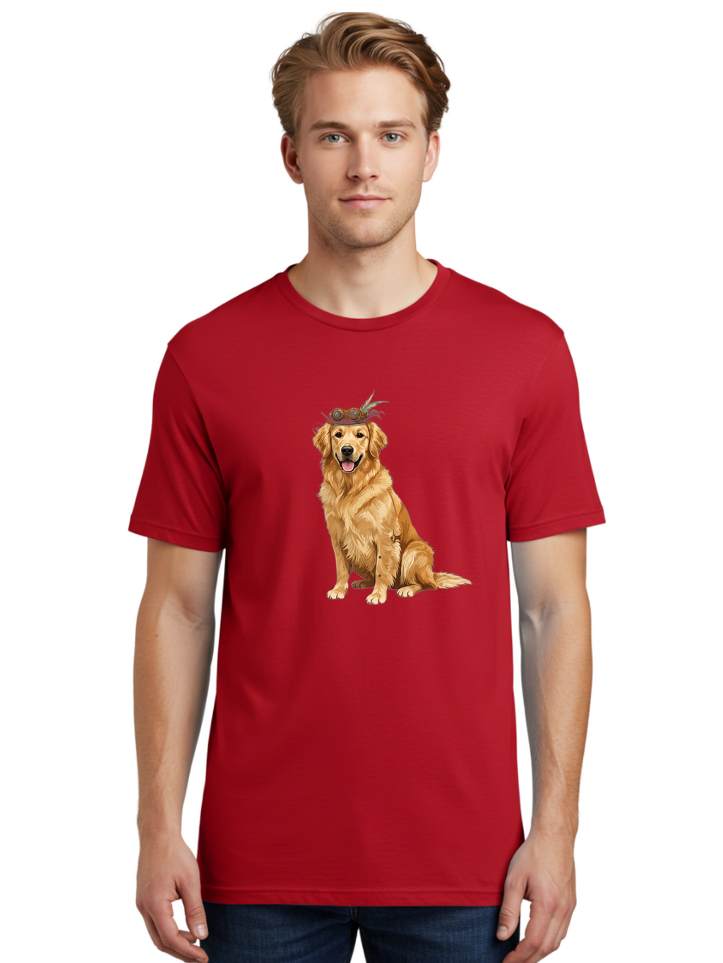Golden-Retriever-With-Flower-Crown Men'S Graphic Tee, 100% Cotton, Comfortable Casual Summer Wear, Machine Washable, Golden Retriever Wearing Crown, Dog With Accessories, Floral Headpiece, Festive Dog, Pet Portrait, Playful Canine, Bab999