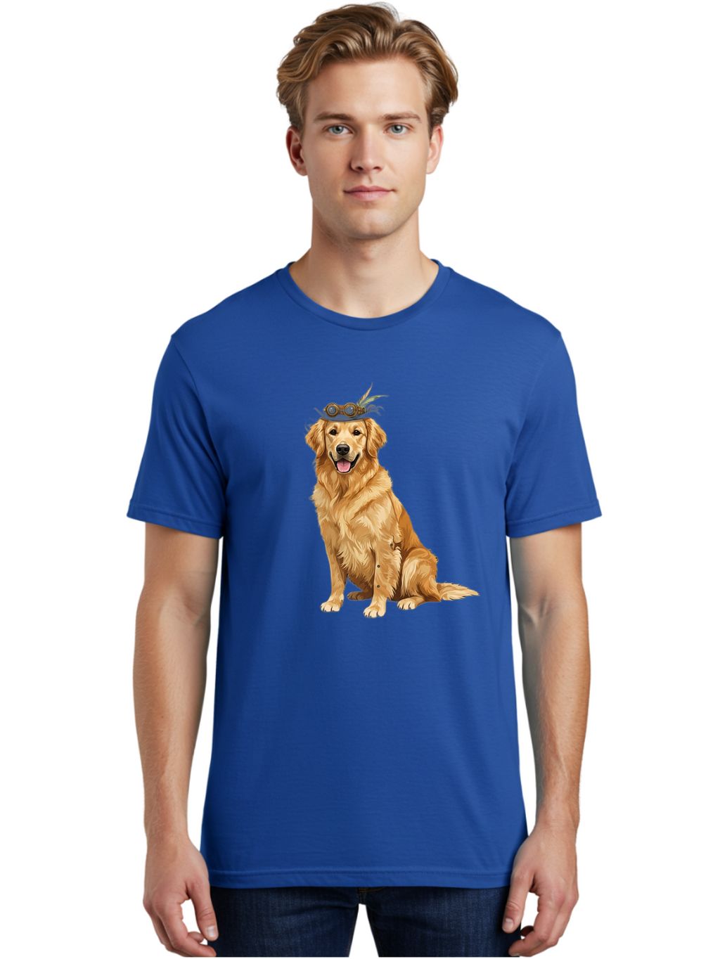 Golden-Retriever-With-Flower-Crown Men'S Graphic Tee, 100% Cotton, Comfortable Casual Summer Wear, Machine Washable, Golden Retriever Wearing Crown, Dog With Accessories, Floral Headpiece, Festive Dog, Pet Portrait, Playful Canine, Bab999