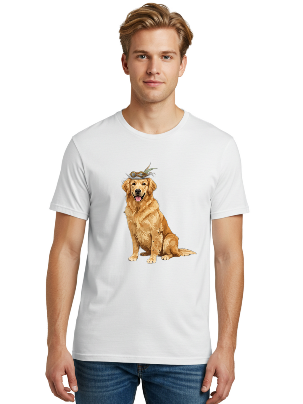 Golden-Retriever-With-Flower-Crown Men'S Graphic Tee, 100% Cotton, Comfortable Casual Summer Wear, Machine Washable, Golden Retriever Wearing Crown, Dog With Accessories, Floral Headpiece, Festive Dog, Pet Portrait, Playful Canine, Bab999