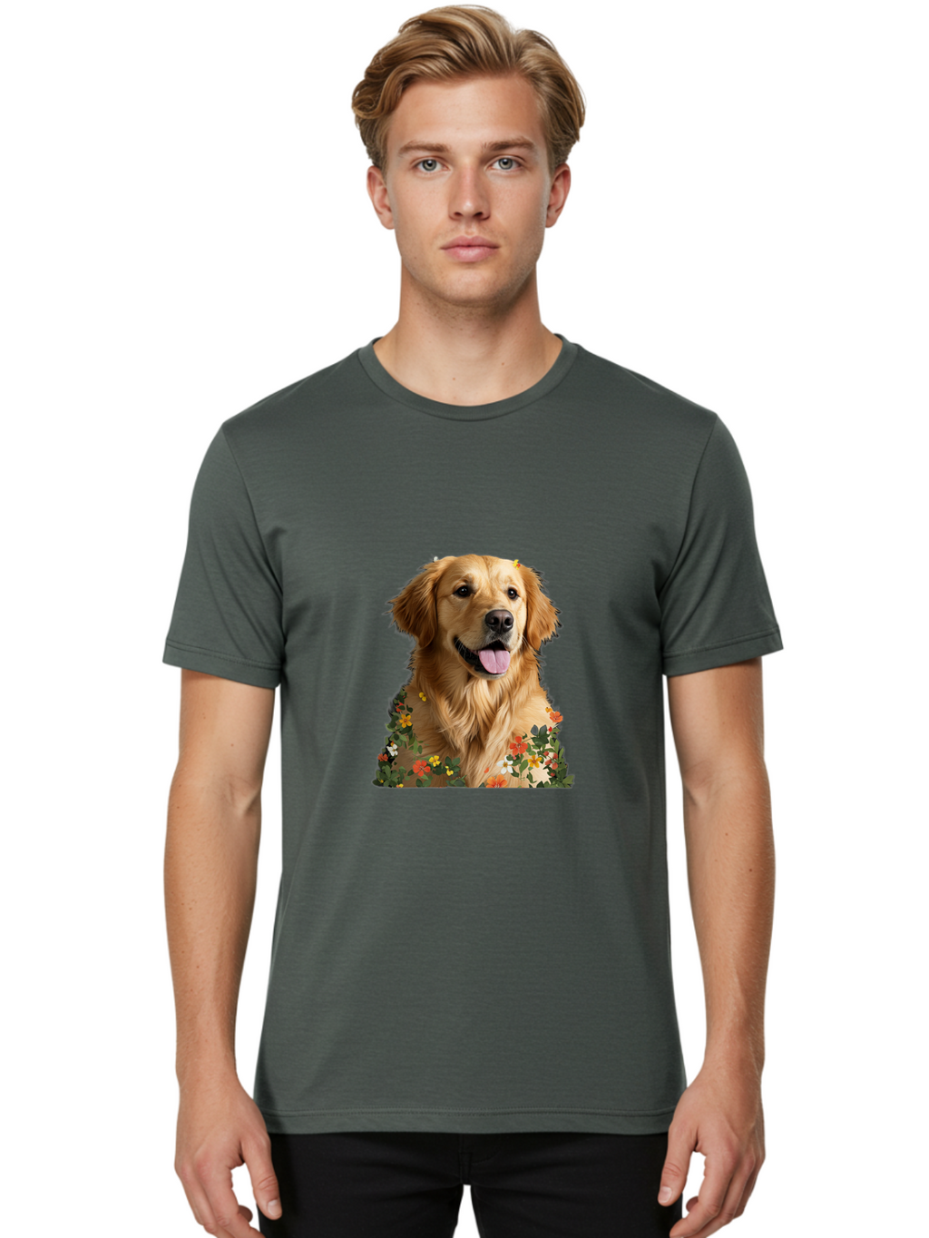 Golden-Retriever-With-Flowers-1 Men'S Graphic Tee, 100% Cotton, Comfortable Casual Summer Wear, Machine Washable, Golden Retriever Dog, Floral Pattern, Vibrant Flowers, Colorful Blooms, Happy Dog, Friendly Pet, Floral Design, Golden Fur, Bac000