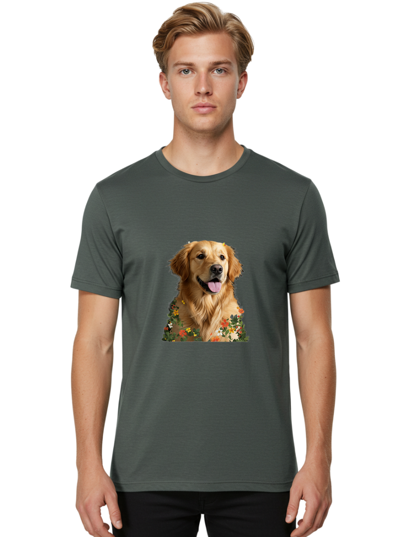 Golden-Retriever-With-Flowers-1 Men'S Graphic Tee, 100% Cotton, Comfortable Casual Summer Wear, Machine Washable, Golden Retriever Dog, Floral Pattern, Vibrant Flowers, Colorful Blooms, Happy Dog, Friendly Pet, Floral Design, Golden Fur, Bac000