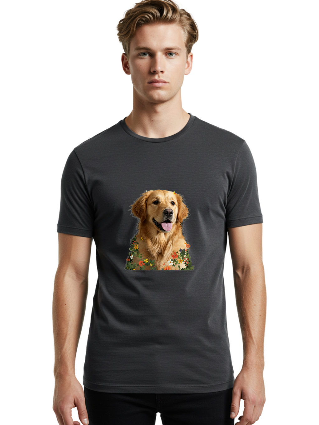 Golden-Retriever-With-Flowers-1 Men'S Graphic Tee, 100% Cotton, Comfortable Casual Summer Wear, Machine Washable, Golden Retriever Dog, Floral Pattern, Vibrant Flowers, Colorful Blooms, Happy Dog, Friendly Pet, Floral Design, Golden Fur, Bac000