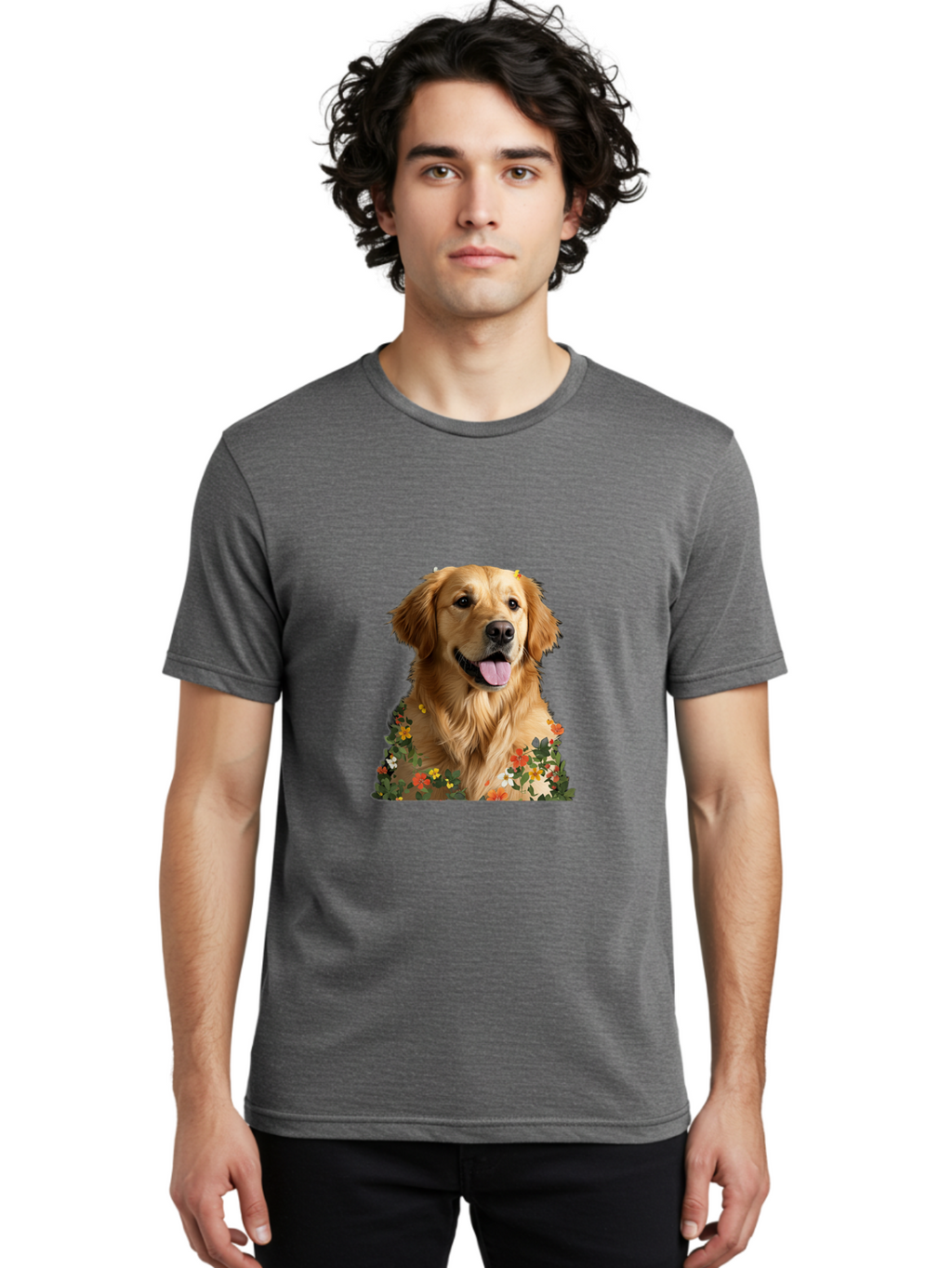 Golden-Retriever-With-Flowers-1 Men'S Graphic Tee, 100% Cotton, Comfortable Casual Summer Wear, Machine Washable, Golden Retriever Dog, Floral Pattern, Vibrant Flowers, Colorful Blooms, Happy Dog, Friendly Pet, Floral Design, Golden Fur, Bac000