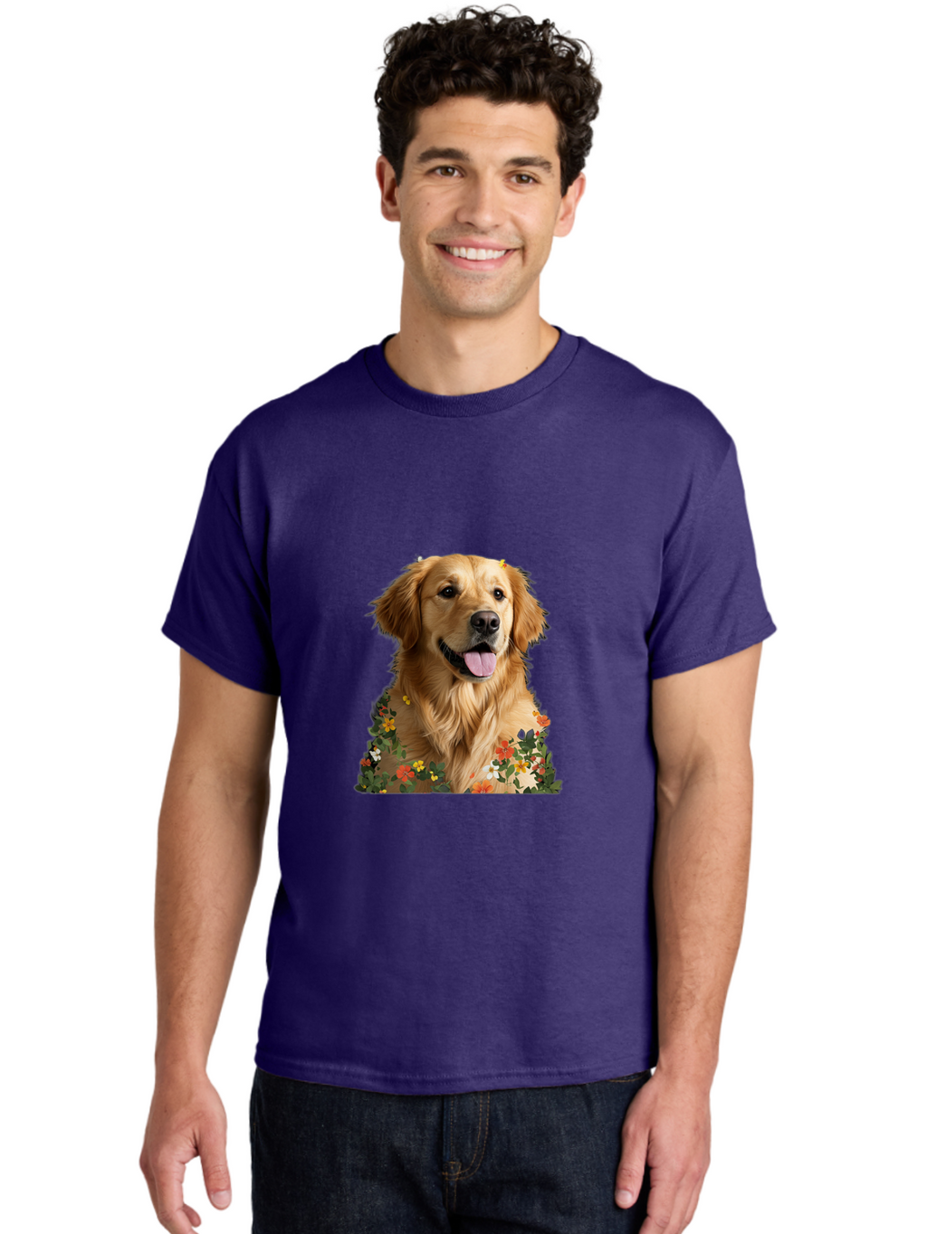 Golden-Retriever-With-Flowers-1 Men'S Graphic Tee, 100% Cotton, Comfortable Casual Summer Wear, Machine Washable, Golden Retriever Dog, Floral Pattern, Vibrant Flowers, Colorful Blooms, Happy Dog, Friendly Pet, Floral Design, Golden Fur, Bac000