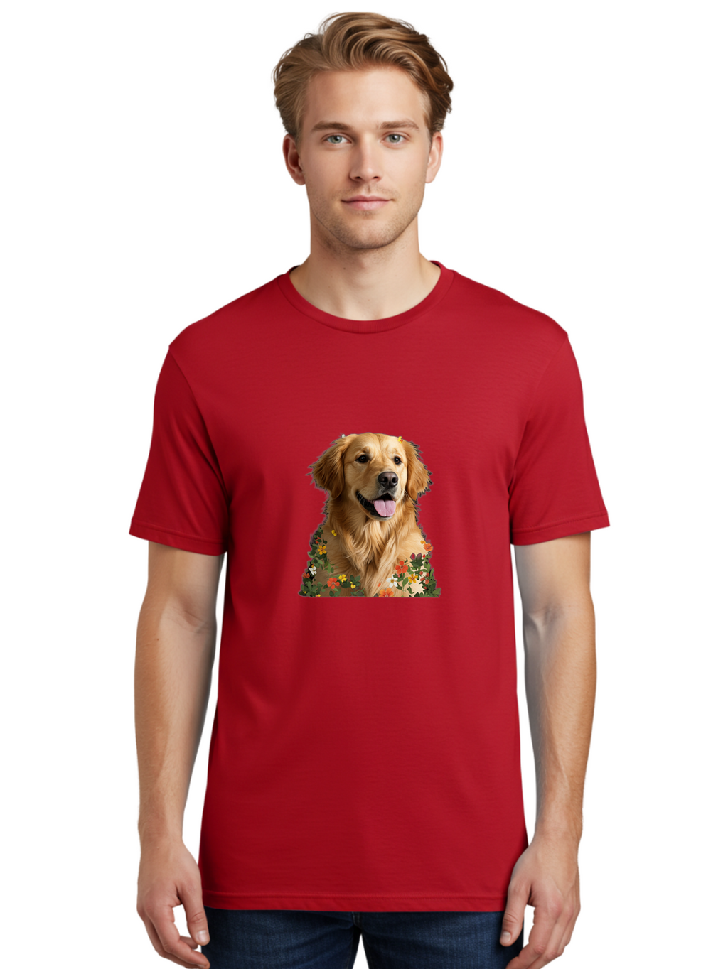 Golden-Retriever-With-Flowers-1 Men'S Graphic Tee, 100% Cotton, Comfortable Casual Summer Wear, Machine Washable, Golden Retriever Dog, Floral Pattern, Vibrant Flowers, Colorful Blooms, Happy Dog, Friendly Pet, Floral Design, Golden Fur, Bac000