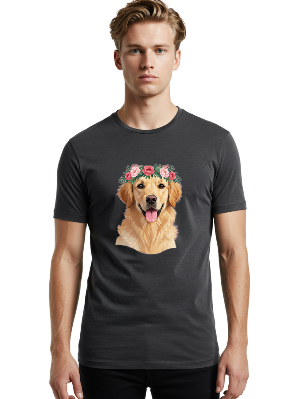 Golden-Retriever-With-Flowers Men'S Graphic Tee, 100% Cotton, Comfortable Casual Summer Wear, Machine Washable, Golden Retriever, Floral Crown, Pink Roses, Happy Dog, Dog Portrait, Flower Wreath, Dog Illustration, Joyful Expression, Bac001