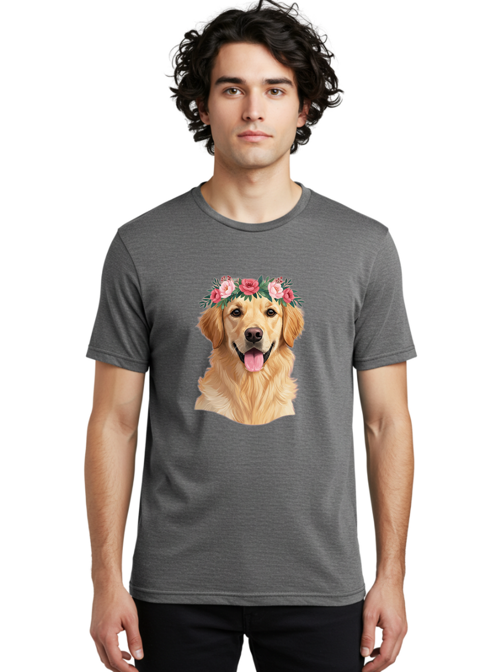 Golden-Retriever-With-Flowers Men'S Graphic Tee, 100% Cotton, Comfortable Casual Summer Wear, Machine Washable, Golden Retriever, Floral Crown, Pink Roses, Happy Dog, Dog Portrait, Flower Wreath, Dog Illustration, Joyful Expression, Bac001
