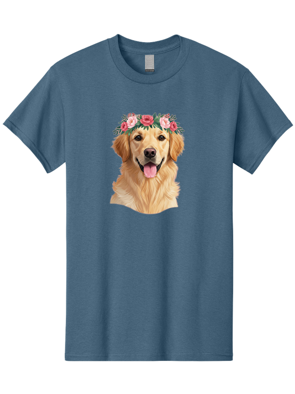 Golden-Retriever-With-Flowers Men'S Graphic Tee, 100% Cotton, Comfortable Casual Summer Wear, Machine Washable, Golden Retriever, Floral Crown, Pink Roses, Happy Dog, Dog Portrait, Flower Wreath, Dog Illustration, Joyful Expression, Bac001