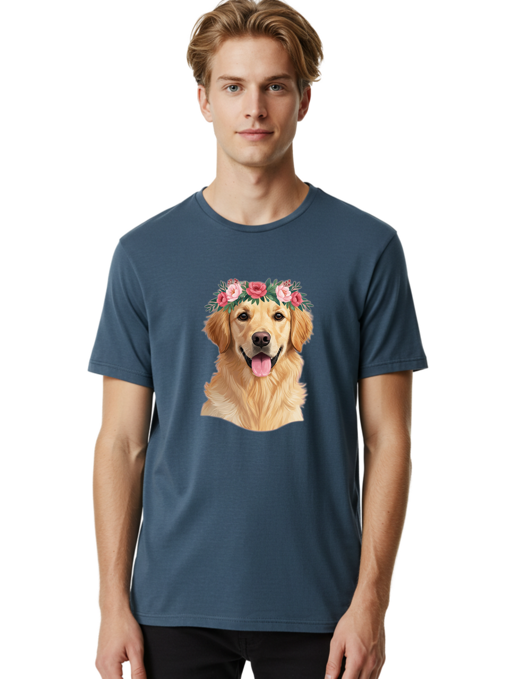 Golden-Retriever-With-Flowers Men'S Graphic Tee, 100% Cotton, Comfortable Casual Summer Wear, Machine Washable, Golden Retriever, Floral Crown, Pink Roses, Happy Dog, Dog Portrait, Flower Wreath, Dog Illustration, Joyful Expression, Bac001