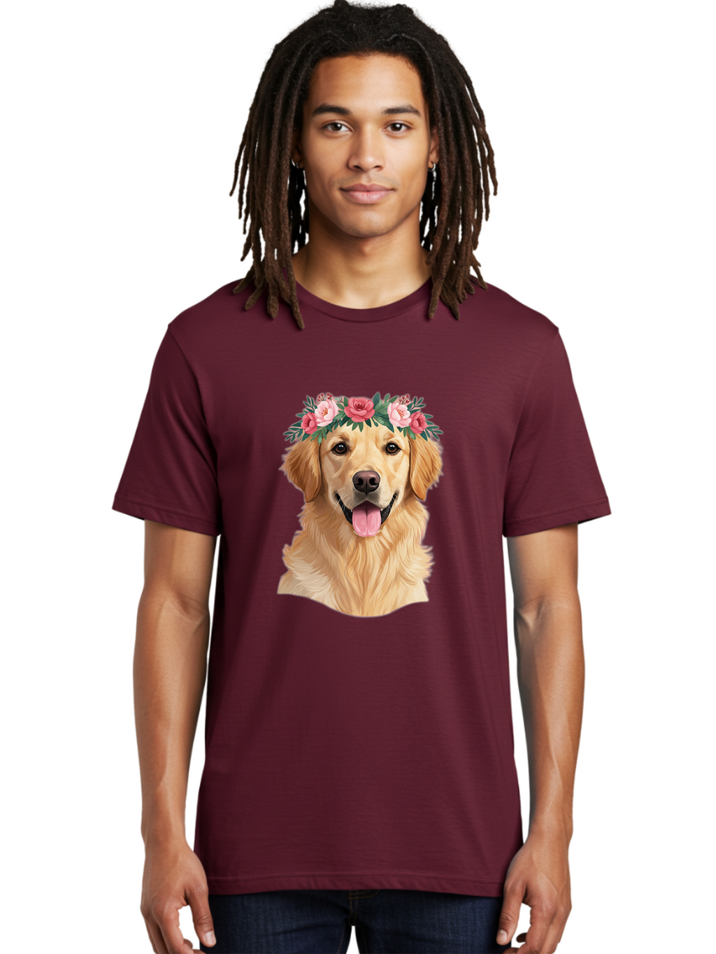 Golden-Retriever-With-Flowers Men'S Graphic Tee, 100% Cotton, Comfortable Casual Summer Wear, Machine Washable, Golden Retriever, Floral Crown, Pink Roses, Happy Dog, Dog Portrait, Flower Wreath, Dog Illustration, Joyful Expression, Bac001