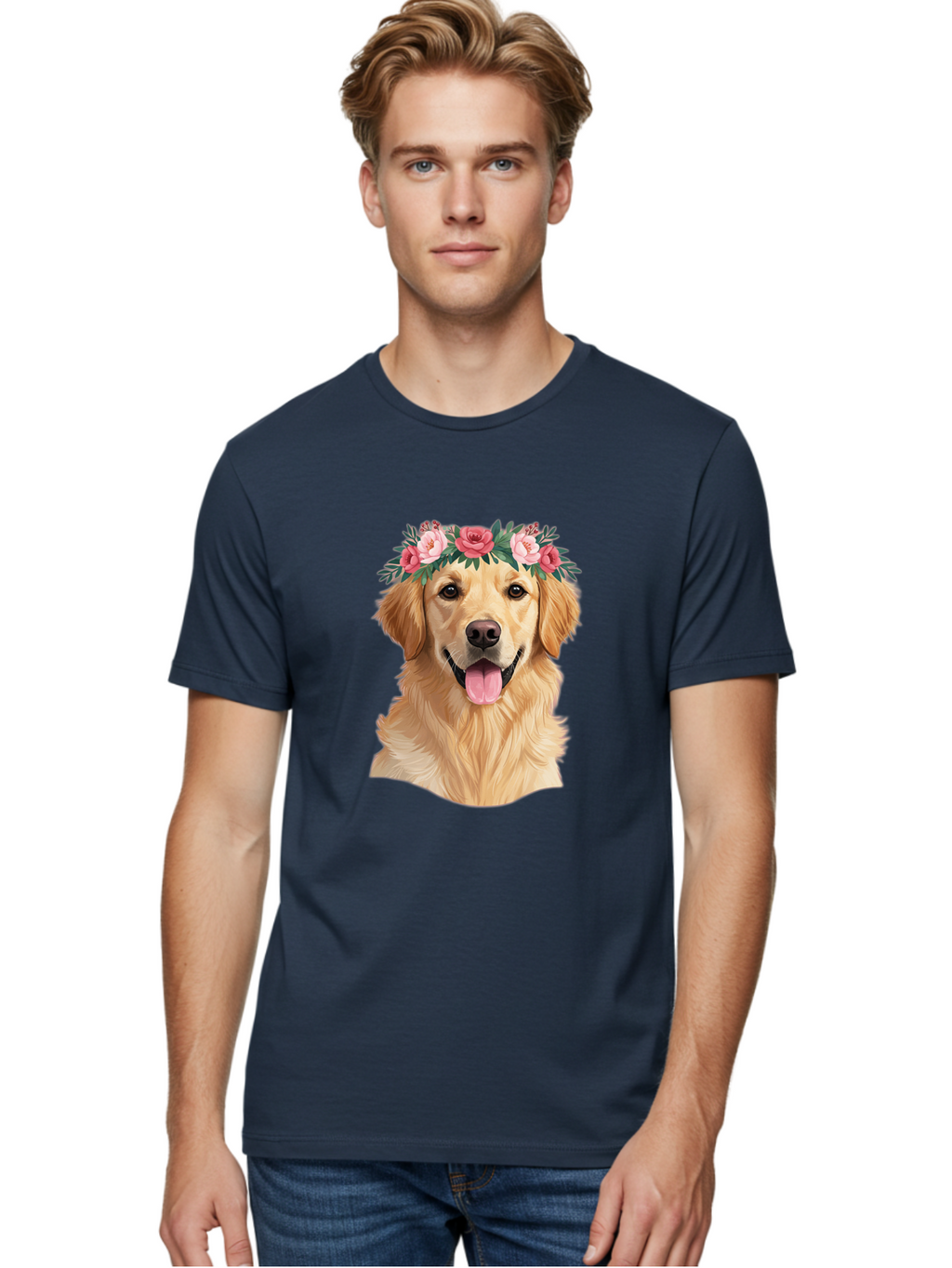 Golden-Retriever-With-Flowers Men'S Graphic Tee, 100% Cotton, Comfortable Casual Summer Wear, Machine Washable, Golden Retriever, Floral Crown, Pink Roses, Happy Dog, Dog Portrait, Flower Wreath, Dog Illustration, Joyful Expression, Bac001