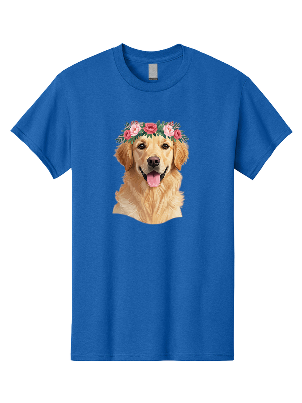 Golden-Retriever-With-Flowers Men'S Graphic Tee, 100% Cotton, Comfortable Casual Summer Wear, Machine Washable, Golden Retriever, Floral Crown, Pink Roses, Happy Dog, Dog Portrait, Flower Wreath, Dog Illustration, Joyful Expression, Bac001