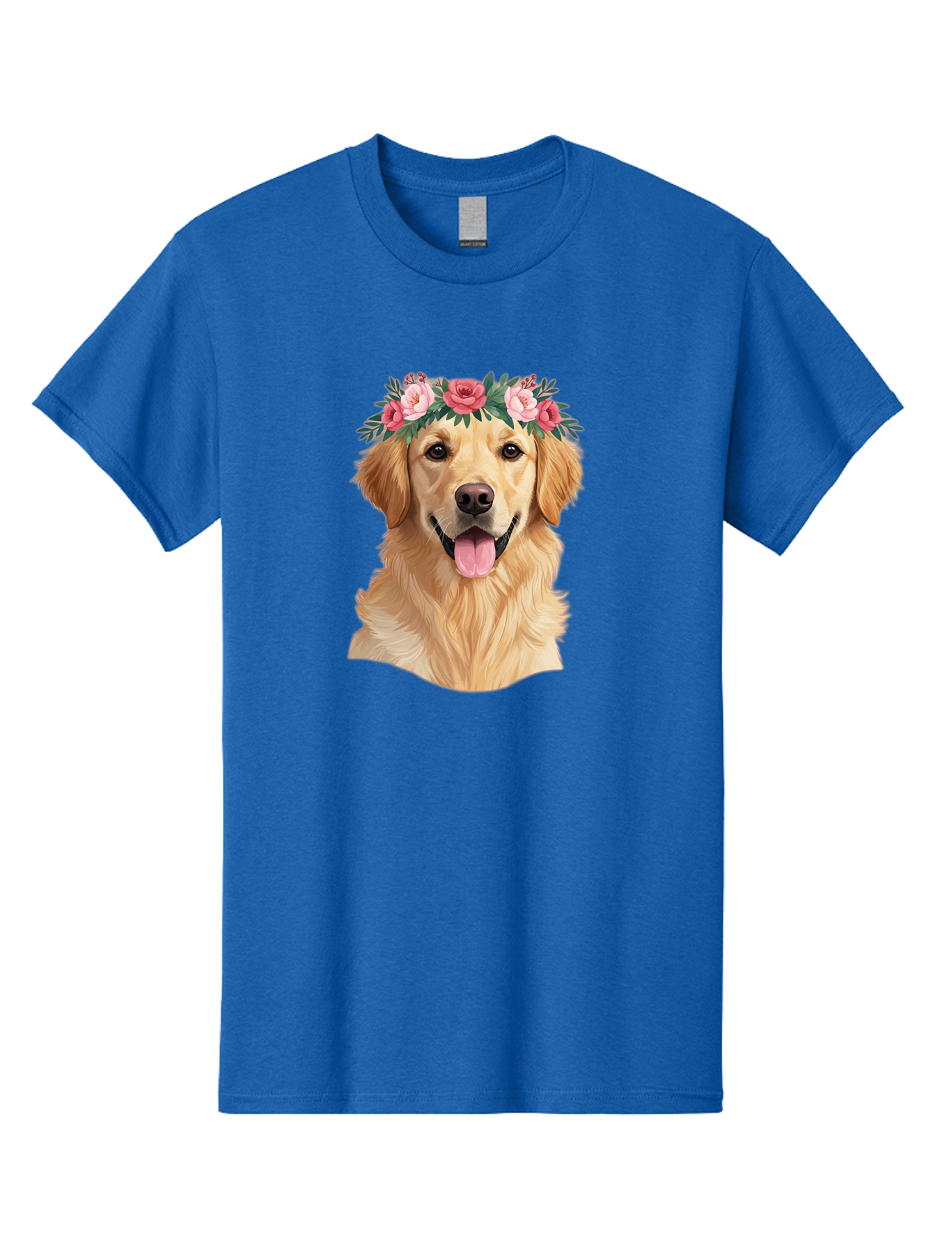 Golden-Retriever-With-Flowers Men'S Graphic Tee, 100% Cotton, Comfortable Casual Summer Wear, Machine Washable, Golden Retriever, Floral Crown, Pink Roses, Happy Dog, Dog Portrait, Flower Wreath, Dog Illustration, Joyful Expression, Bac001