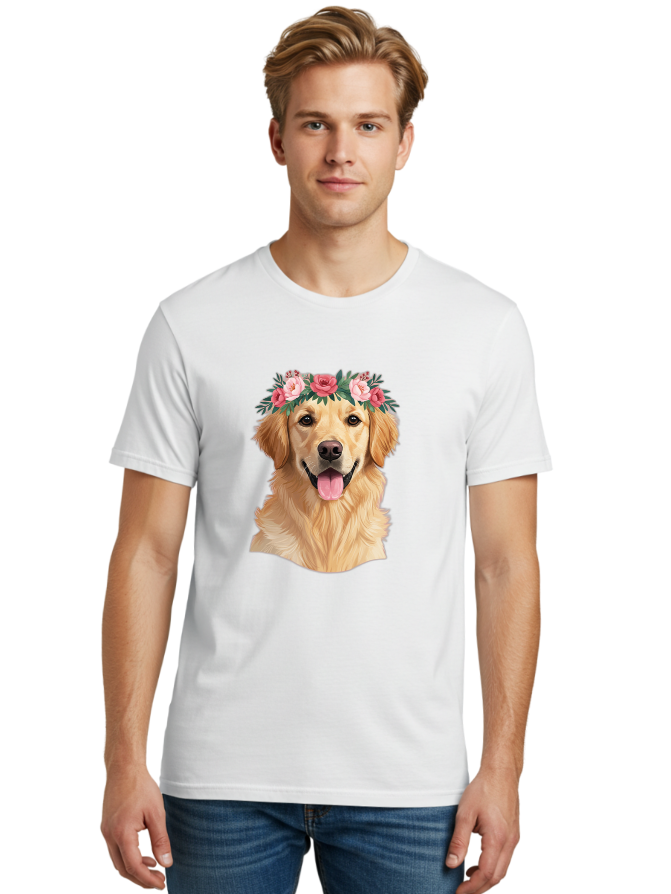 Golden-Retriever-With-Flowers Men'S Graphic Tee, 100% Cotton, Comfortable Casual Summer Wear, Machine Washable, Golden Retriever, Floral Crown, Pink Roses, Happy Dog, Dog Portrait, Flower Wreath, Dog Illustration, Joyful Expression, Bac001