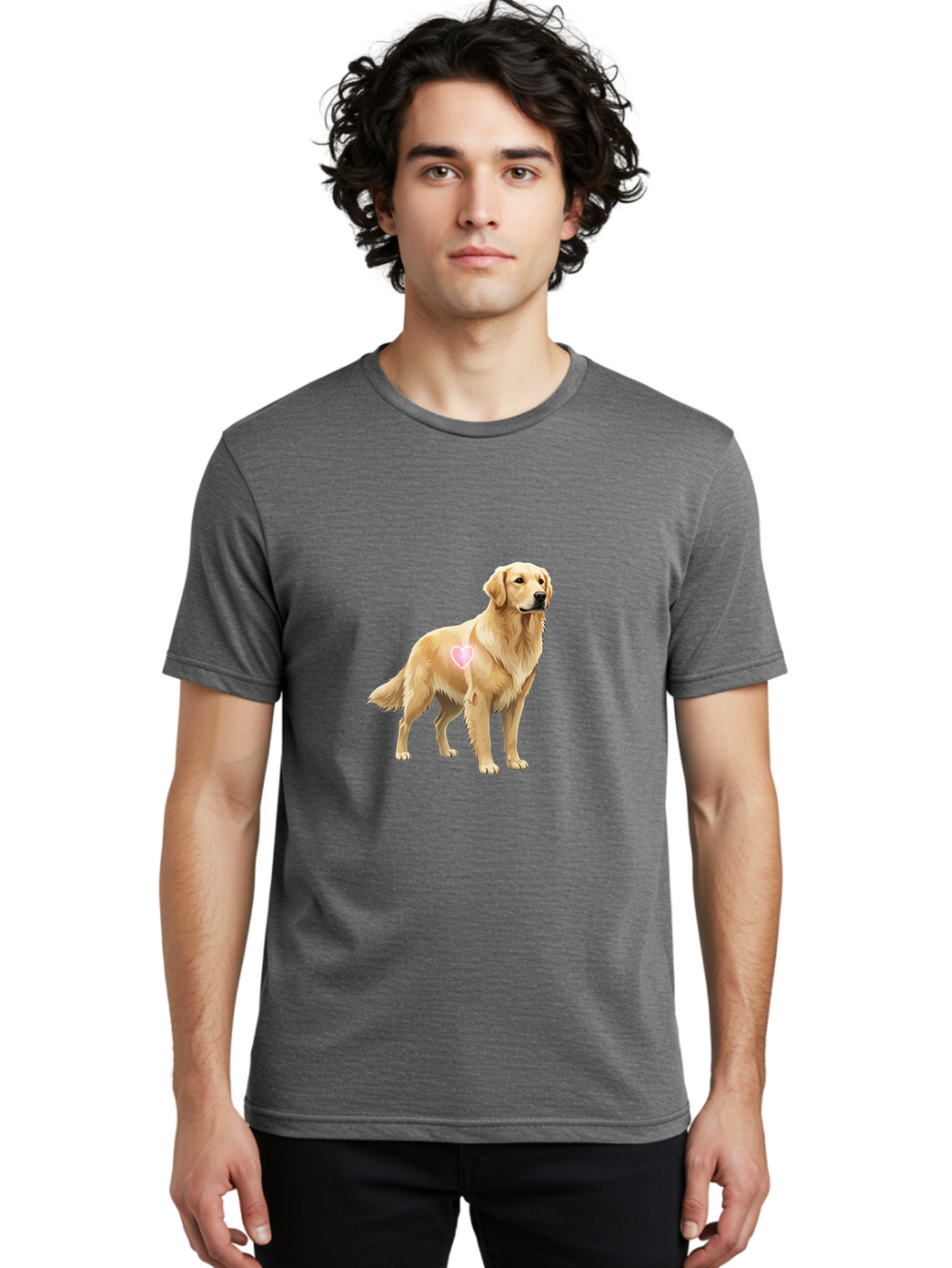 Golden-Retriever-With-Heart-1 Men'S Graphic Tee, 100% Cotton, Comfortable Casual Summer Wear, Machine Washable, Golden Retriever Dog, Heart On Dog, Cute Canine, Lovely Pet, Dog Love, Heart Symbol, Pet Friendly, Dog Graphic Bac002