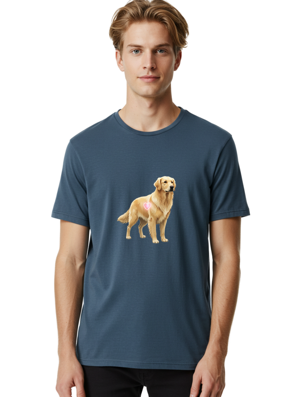 Golden-Retriever-With-Heart-1 Men'S Graphic Tee, 100% Cotton, Comfortable Casual Summer Wear, Machine Washable, Golden Retriever Dog, Heart On Dog, Cute Canine, Lovely Pet, Dog Love, Heart Symbol, Pet Friendly, Dog Graphic Bac002