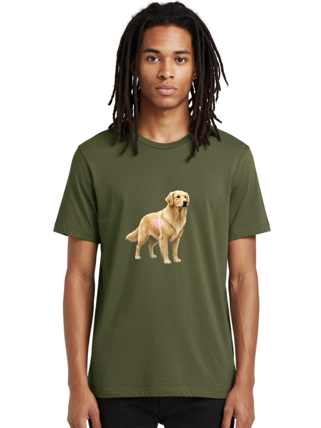 Golden-Retriever-With-Heart-1 Men'S Graphic Tee, 100% Cotton, Comfortable Casual Summer Wear, Machine Washable, Golden Retriever Dog, Heart On Dog, Cute Canine, Lovely Pet, Dog Love, Heart Symbol, Pet Friendly, Dog Graphic Bac002