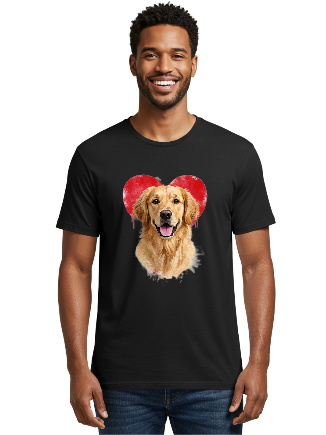 Golden-Retriever-With-Heart Men'S Graphic Tee, 100% Cotton, Comfortable Casual Summer Wear, Machine Washable, Golden Retriever, Dog Love, Red Heart, Dripping Paint, Cute Canine, Furry Friend, Heartwarming Moment, Loyal Companion, Happy Dog, Bac003