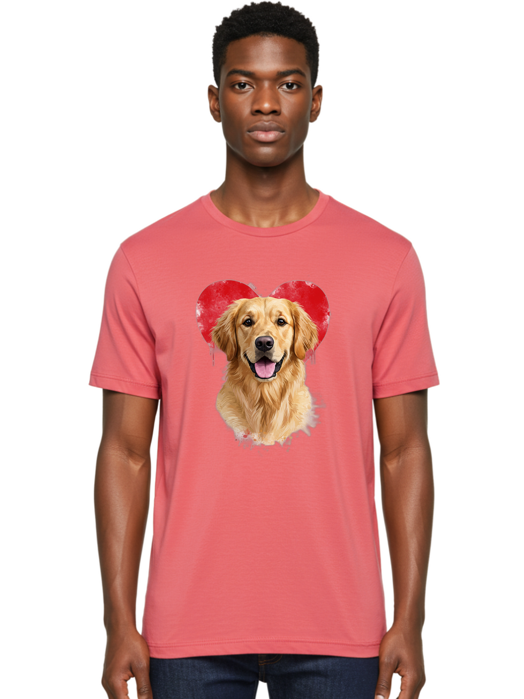 Golden-Retriever-With-Heart Men'S Graphic Tee, 100% Cotton, Comfortable Casual Summer Wear, Machine Washable, Golden Retriever, Dog Love, Red Heart, Dripping Paint, Cute Canine, Furry Friend, Heartwarming Moment, Loyal Companion, Happy Dog, Bac003