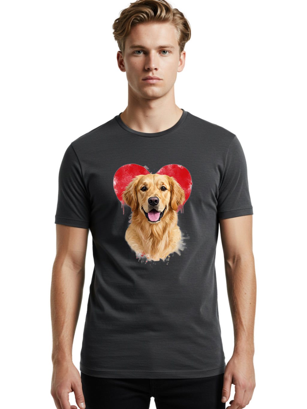 Golden-Retriever-With-Heart Men'S Graphic Tee, 100% Cotton, Comfortable Casual Summer Wear, Machine Washable, Golden Retriever, Dog Love, Red Heart, Dripping Paint, Cute Canine, Furry Friend, Heartwarming Moment, Loyal Companion, Happy Dog, Bac003