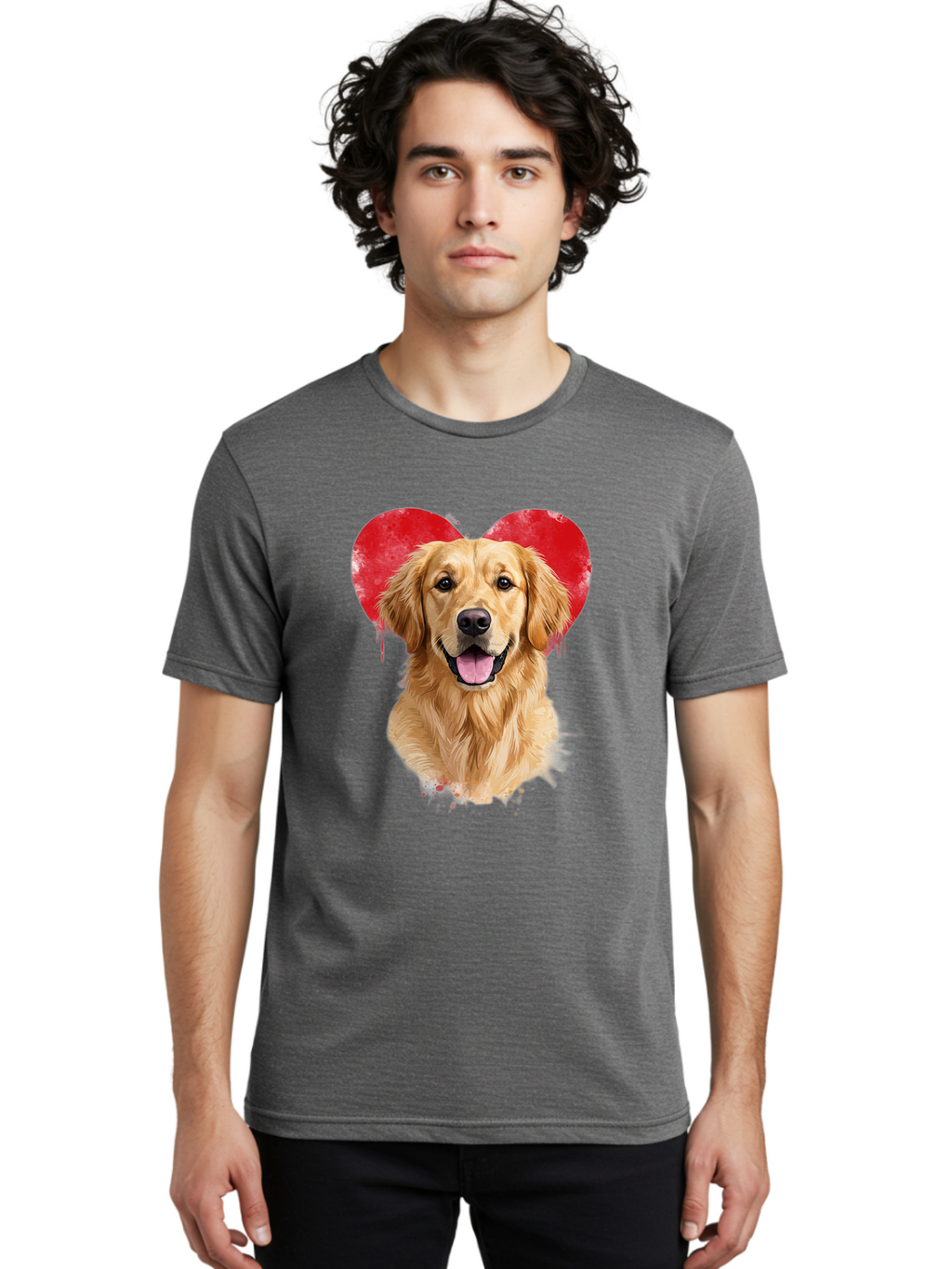 Golden-Retriever-With-Heart Men'S Graphic Tee, 100% Cotton, Comfortable Casual Summer Wear, Machine Washable, Golden Retriever, Dog Love, Red Heart, Dripping Paint, Cute Canine, Furry Friend, Heartwarming Moment, Loyal Companion, Happy Dog, Bac003