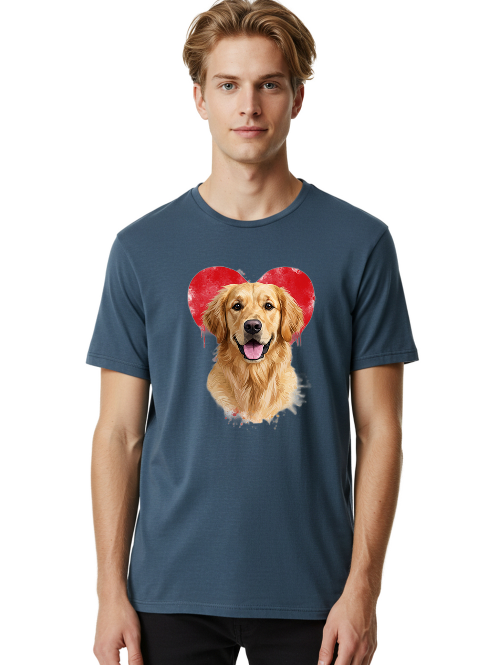Golden-Retriever-With-Heart Men'S Graphic Tee, 100% Cotton, Comfortable Casual Summer Wear, Machine Washable, Golden Retriever, Dog Love, Red Heart, Dripping Paint, Cute Canine, Furry Friend, Heartwarming Moment, Loyal Companion, Happy Dog, Bac003