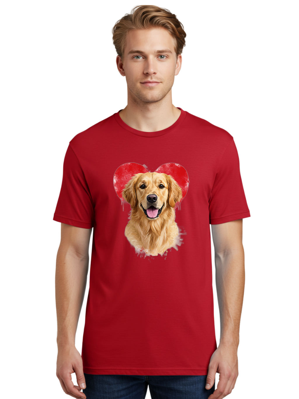 Golden-Retriever-With-Heart Men'S Graphic Tee, 100% Cotton, Comfortable Casual Summer Wear, Machine Washable, Golden Retriever, Dog Love, Red Heart, Dripping Paint, Cute Canine, Furry Friend, Heartwarming Moment, Loyal Companion, Happy Dog, Bac003