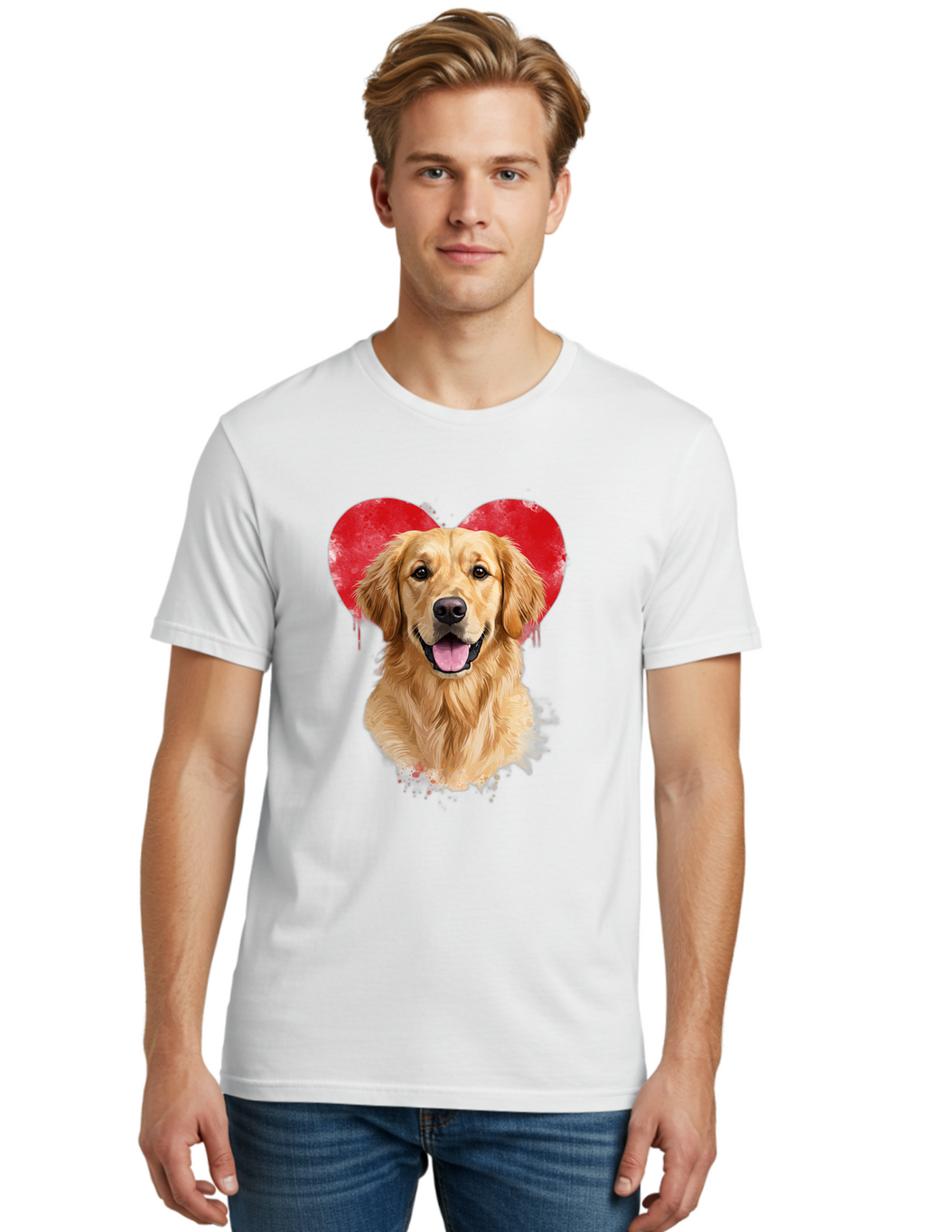 Golden-Retriever-With-Heart Men'S Graphic Tee, 100% Cotton, Comfortable Casual Summer Wear, Machine Washable, Golden Retriever, Dog Love, Red Heart, Dripping Paint, Cute Canine, Furry Friend, Heartwarming Moment, Loyal Companion, Happy Dog, Bac003