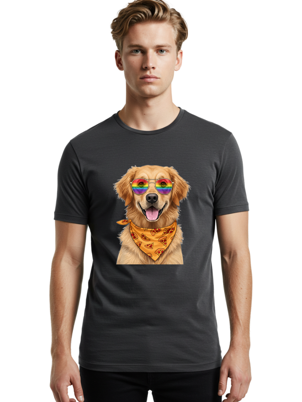 Golden-Retriever-With-Sunglasses-1 Men'S Graphic Tee, 100% Cotton, Comfortable Casual Summer Wear, Machine Washable, Funny Dog, Golden Retriever, Rainbow Sunglasses, Trendy Accessories, Pizza Bandana, Cool Canine, Playful Pet Bac004