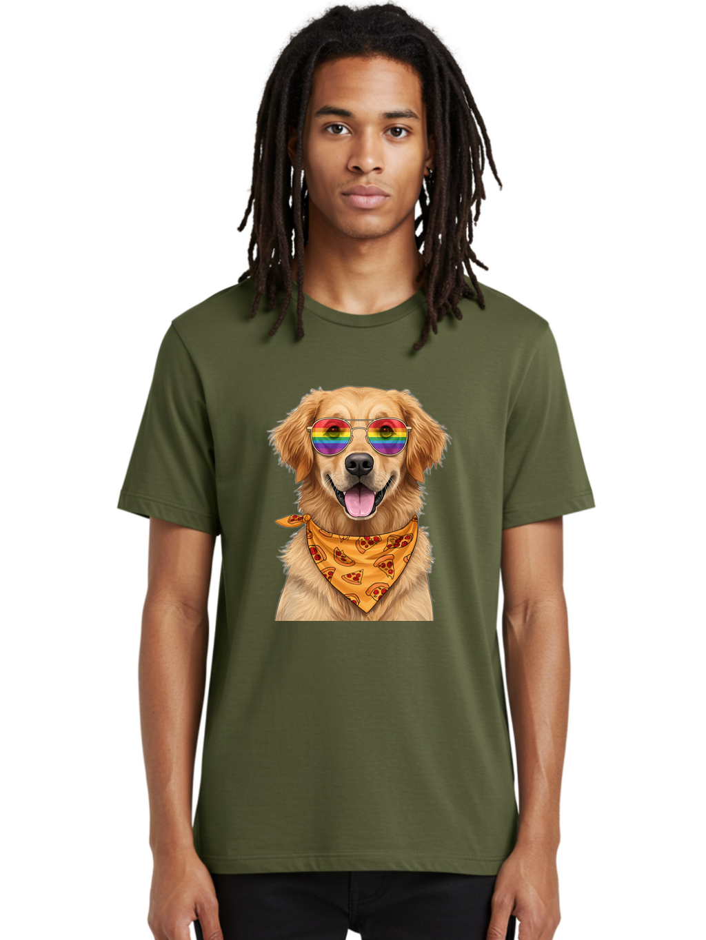Golden-Retriever-With-Sunglasses-1 Men'S Graphic Tee, 100% Cotton, Comfortable Casual Summer Wear, Machine Washable, Funny Dog, Golden Retriever, Rainbow Sunglasses, Trendy Accessories, Pizza Bandana, Cool Canine, Playful Pet Bac004