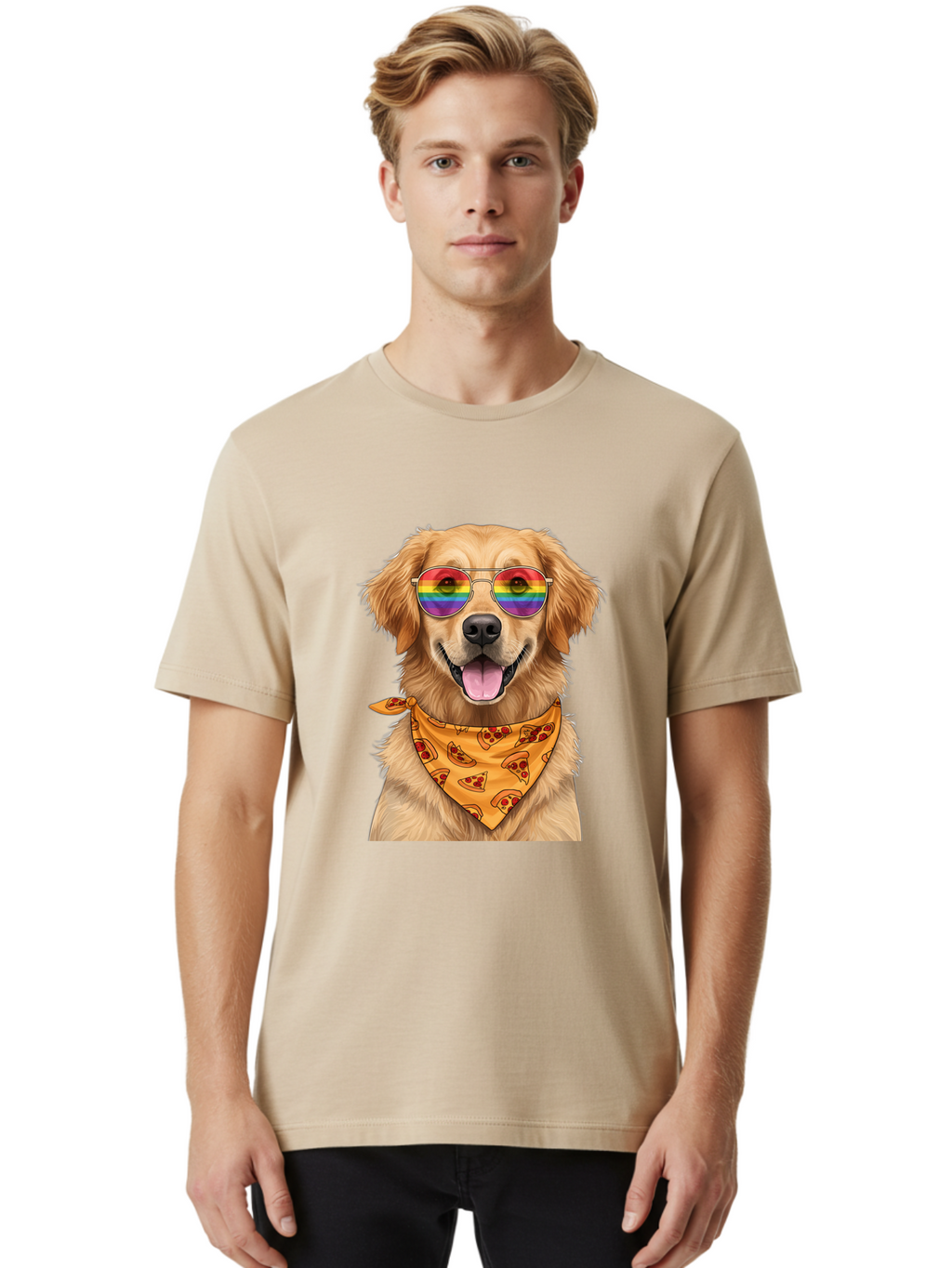 Golden-Retriever-With-Sunglasses-1 Men'S Graphic Tee, 100% Cotton, Comfortable Casual Summer Wear, Machine Washable, Funny Dog, Golden Retriever, Rainbow Sunglasses, Trendy Accessories, Pizza Bandana, Cool Canine, Playful Pet Bac004