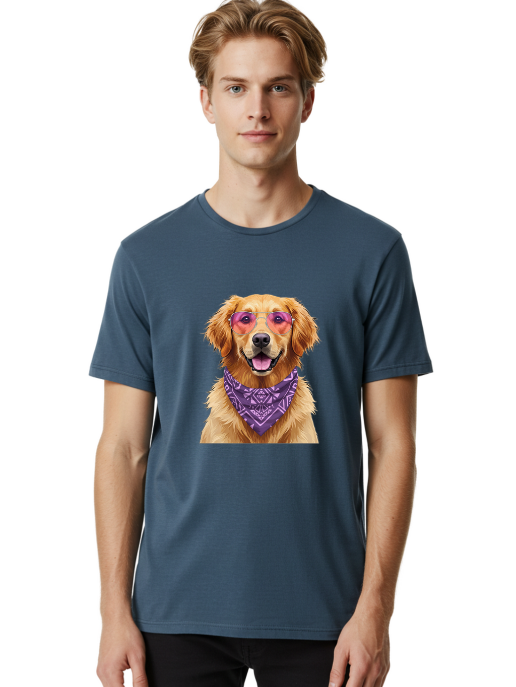 Golden-Retriever-With-Sunglasses Men'S Graphic Tee, 100% Cotton, Comfortable Casual Summer Wear, Machine Washable, Golden Retriever Dog, Trendy Sunglasses, Purple Bandana, Stylish Accessories, Cool Canine, Funky Pet, Modern Dog Design, Bac005