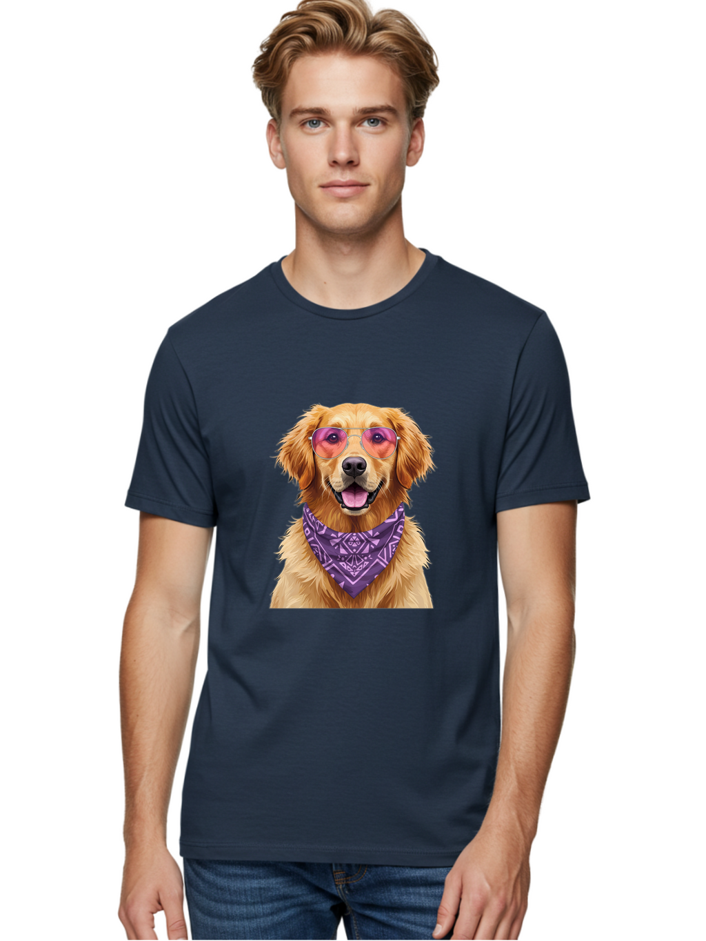 Golden-Retriever-With-Sunglasses Men'S Graphic Tee, 100% Cotton, Comfortable Casual Summer Wear, Machine Washable, Golden Retriever Dog, Trendy Sunglasses, Purple Bandana, Stylish Accessories, Cool Canine, Funky Pet, Modern Dog Design, Bac005