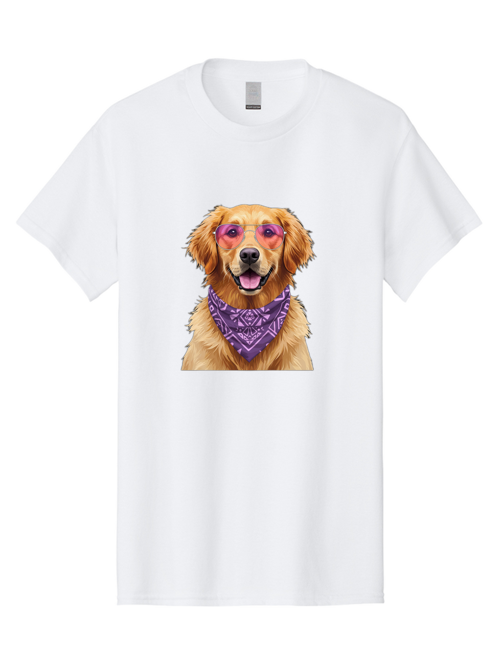 Golden-Retriever-With-Sunglasses Men'S Graphic Tee, 100% Cotton, Comfortable Casual Summer Wear, Machine Washable, Golden Retriever Dog, Trendy Sunglasses, Purple Bandana, Stylish Accessories, Cool Canine, Funky Pet, Modern Dog Design, Bac005