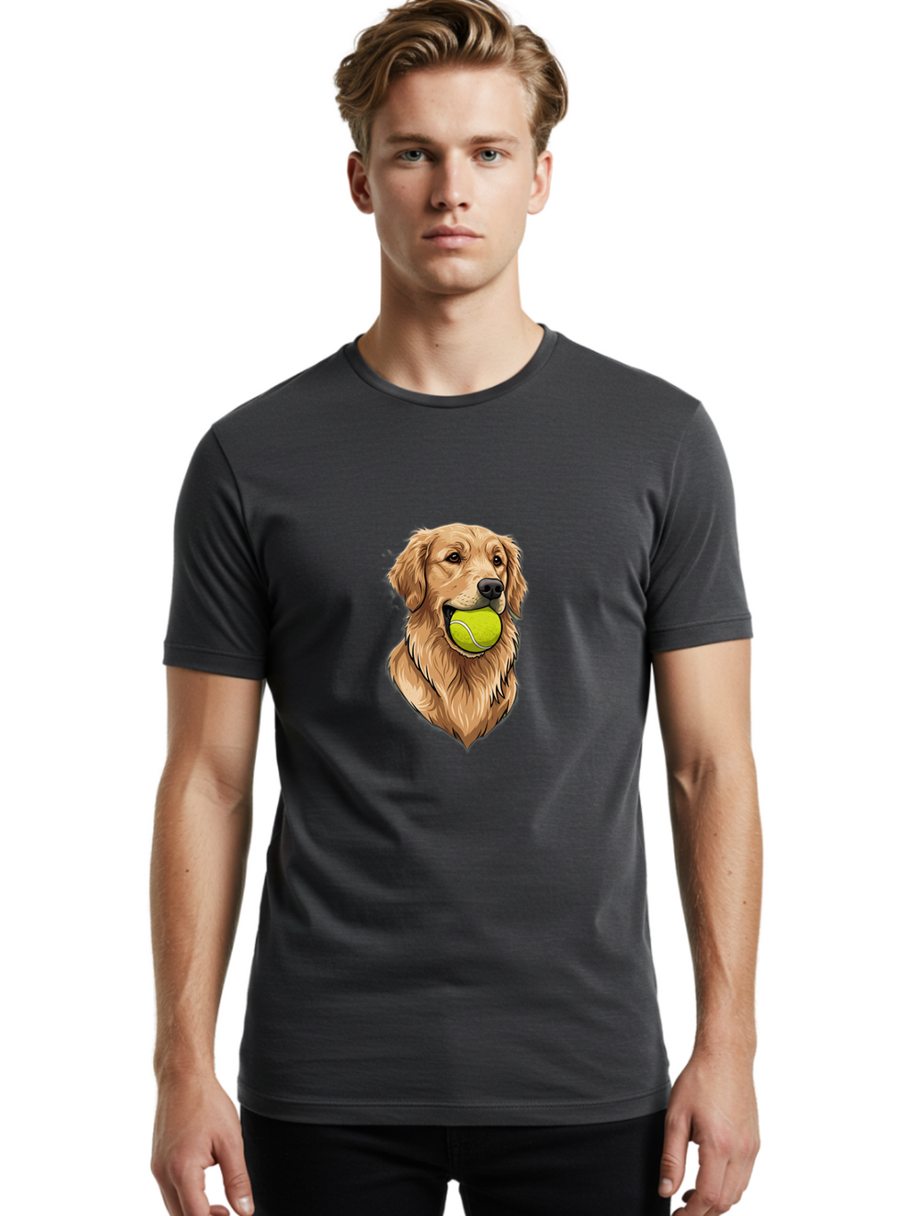 Golden-Retriever-With-Tennis-Ball Men'S Graphic Tee, 100% Cotton, Comfortable Casual Summer Wear, Machine Washable, Golden Retriever Dog Holding Tennis Ball, Playful Pup, Tennis Ball In Mouth, Fun Pet, Playful Pet, Dog Illustration, Bac006