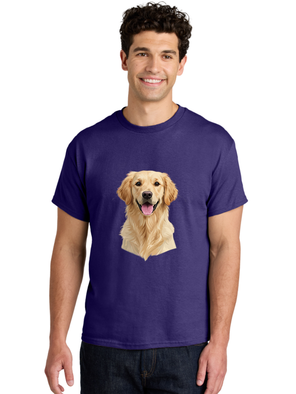 Golden-Retriever Men'S Graphic Tee, 100% Cotton, Comfortable Casual Summer Wear, Machine Washable, Happy Golden Retriever, Friendly Dog, Smiling Pet, Playful Animal, Cute Canine, Dog Portrait, Retriever Illustration Bac007