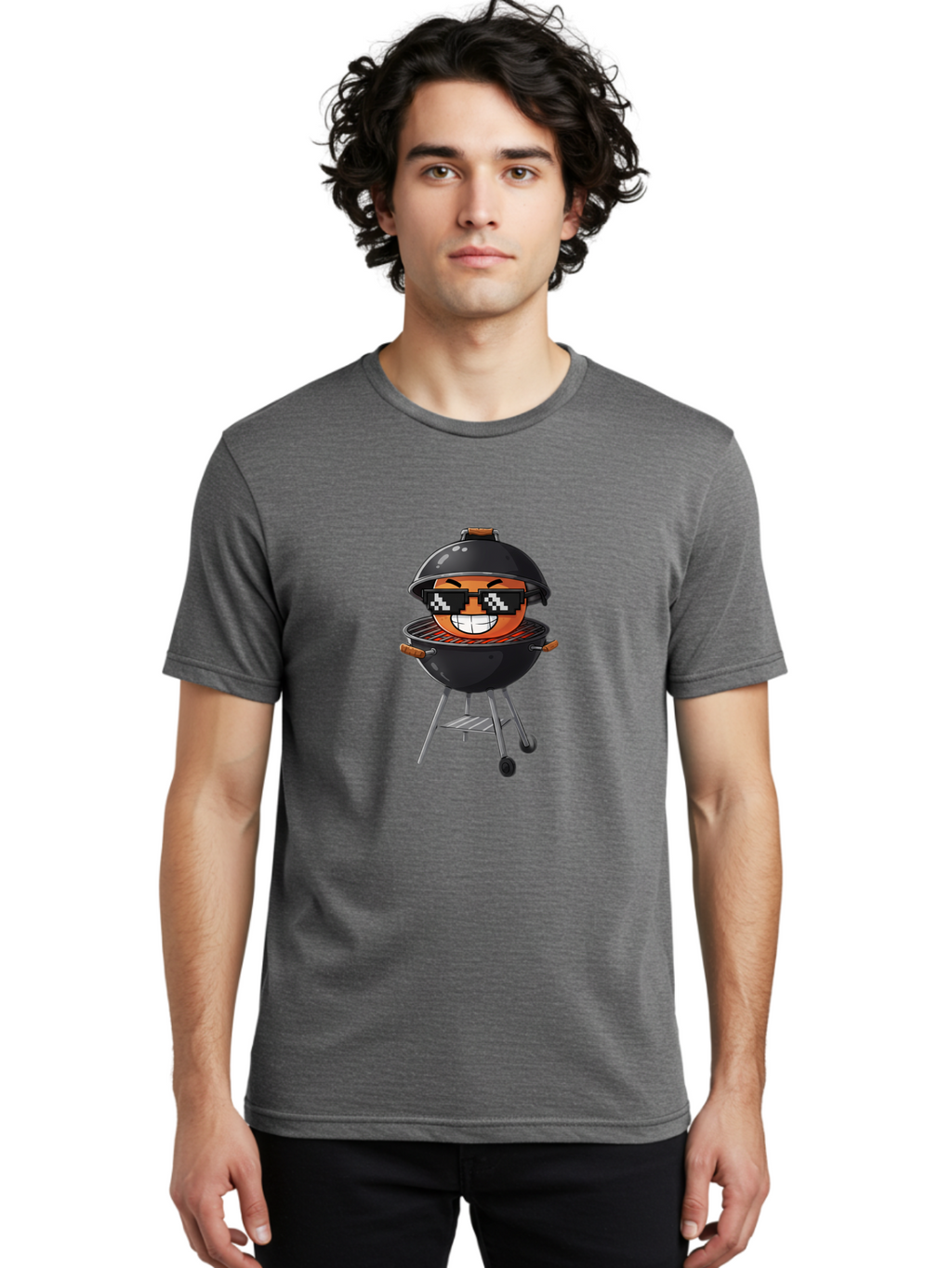 Grill-Emoji Men'S Graphic Tee, 100% Cotton, Comfortable Casual Summer Wear, Machine Washable, Burger In Barbecue Grill, Cool Burger, Grill Master, Barbecue Party, Funny Cartoon, Pixelated Sunglasses, Happy Burger, Grill Scene, Summer Vibe, Bac009
