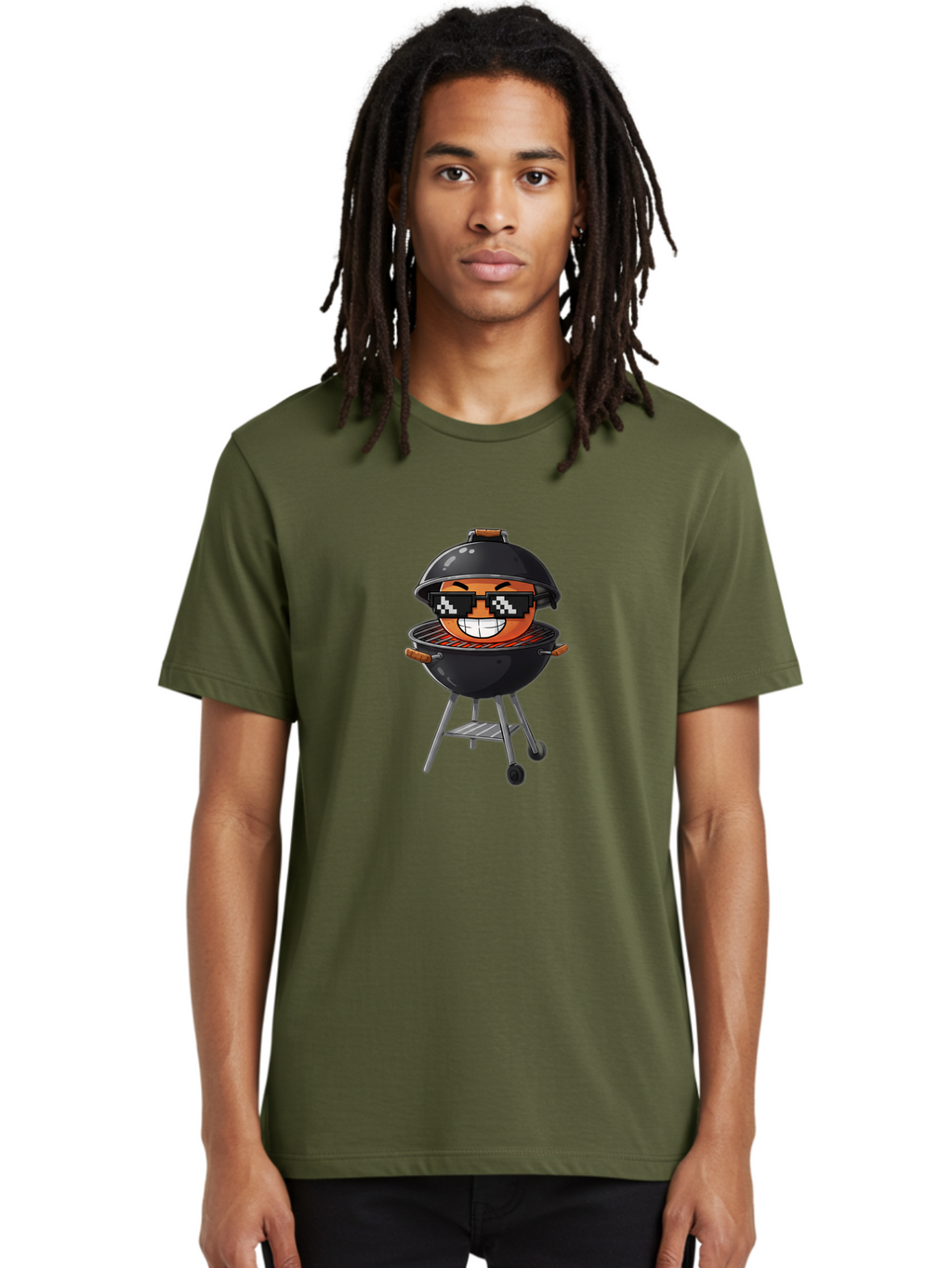 Grill-Emoji Men'S Graphic Tee, 100% Cotton, Comfortable Casual Summer Wear, Machine Washable, Burger In Barbecue Grill, Cool Burger, Grill Master, Barbecue Party, Funny Cartoon, Pixelated Sunglasses, Happy Burger, Grill Scene, Summer Vibe, Bac009
