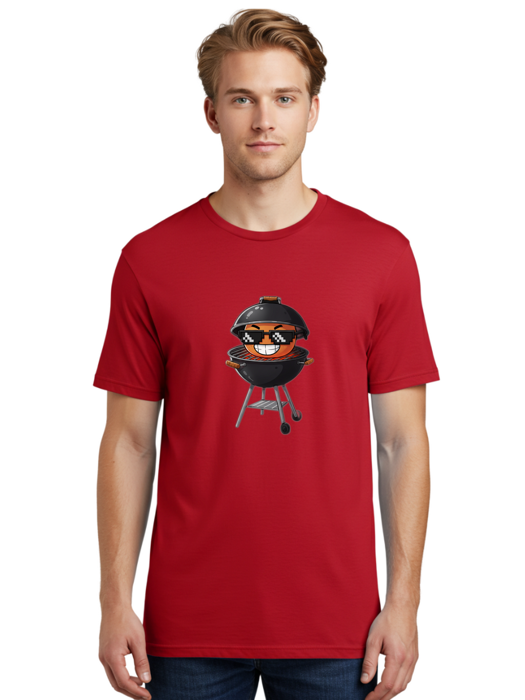 Grill-Emoji Men'S Graphic Tee, 100% Cotton, Comfortable Casual Summer Wear, Machine Washable, Burger In Barbecue Grill, Cool Burger, Grill Master, Barbecue Party, Funny Cartoon, Pixelated Sunglasses, Happy Burger, Grill Scene, Summer Vibe, Bac009