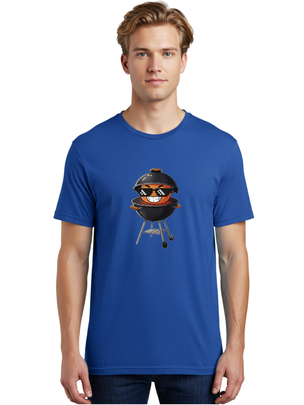 Grill-Emoji Men'S Graphic Tee, 100% Cotton, Comfortable Casual Summer Wear, Machine Washable, Burger In Barbecue Grill, Cool Burger, Grill Master, Barbecue Party, Funny Cartoon, Pixelated Sunglasses, Happy Burger, Grill Scene, Summer Vibe, Bac009