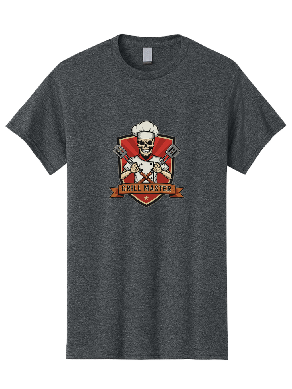 Grill-Master-1 Men'S Graphic Tee, 100% Cotton, Comfortable Casual Summer Wear, Machine Washable, Skull Chef, Grill Master Logo, Chef Hat, Crossed Spatulas, Red Shield, Cooking Theme, Kitchen Design, Chef Uniform, Skeleton Chef Bac010