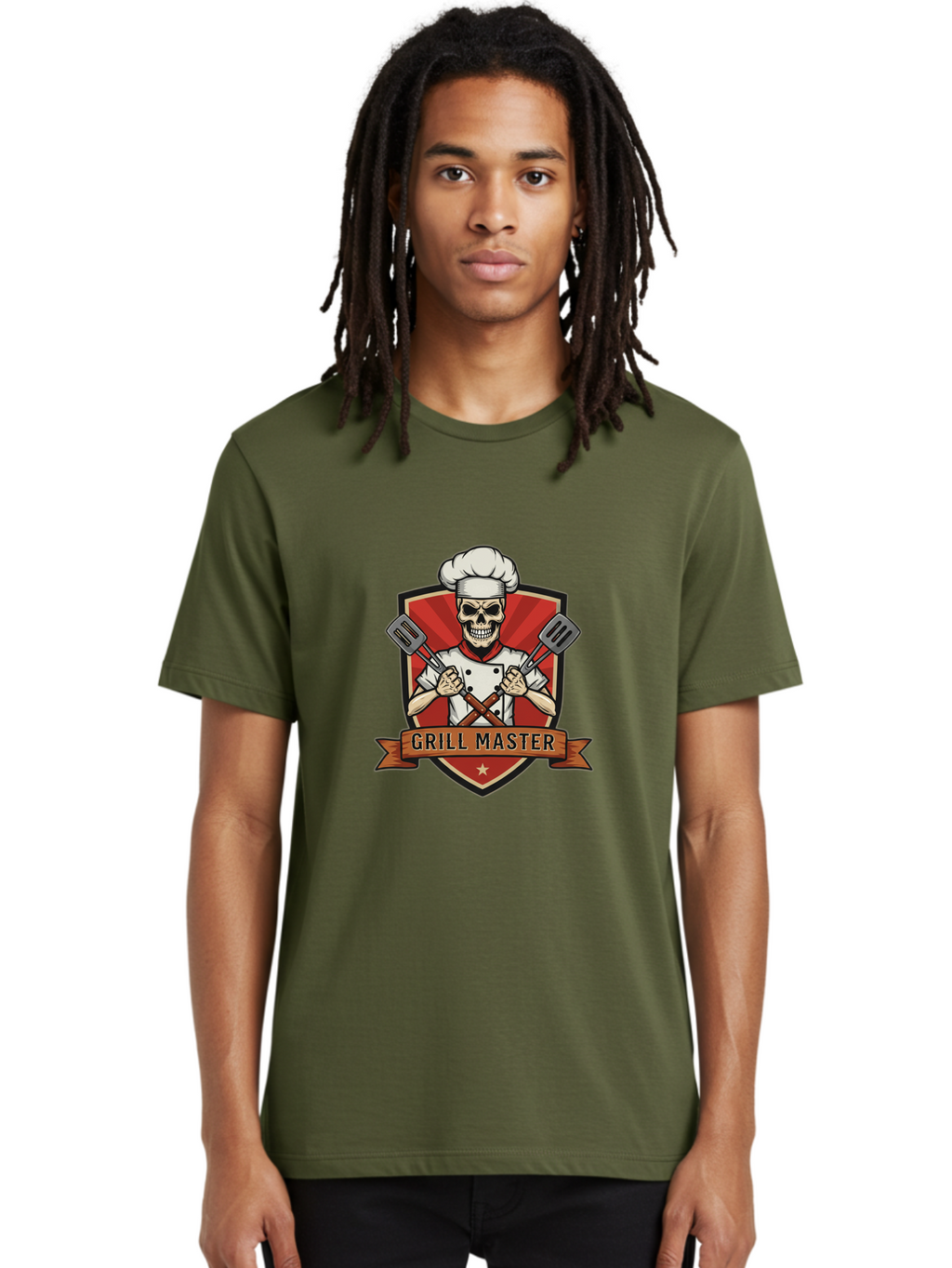Grill-Master-1 Men'S Graphic Tee, 100% Cotton, Comfortable Casual Summer Wear, Machine Washable, Skull Chef, Grill Master Logo, Chef Hat, Crossed Spatulas, Red Shield, Cooking Theme, Kitchen Design, Chef Uniform, Skeleton Chef Bac010