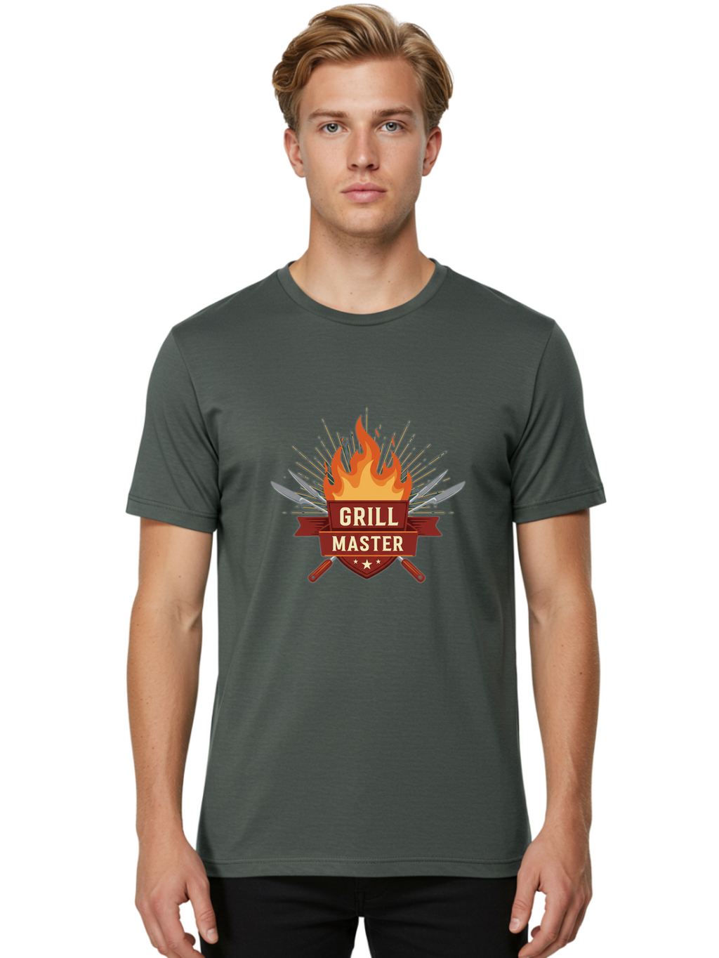 Grill-Master-2 Men'S Graphic Tee, 100% Cotton, Comfortable Casual Summer Wear, Machine Washable, Grill Master Logo, Kitchen Utensils, Chef Knives, Flame Design, Cooking Emblem, Culinary Arts, Barbecue Symbol, Cooking Flames, Chef Badge Bac011