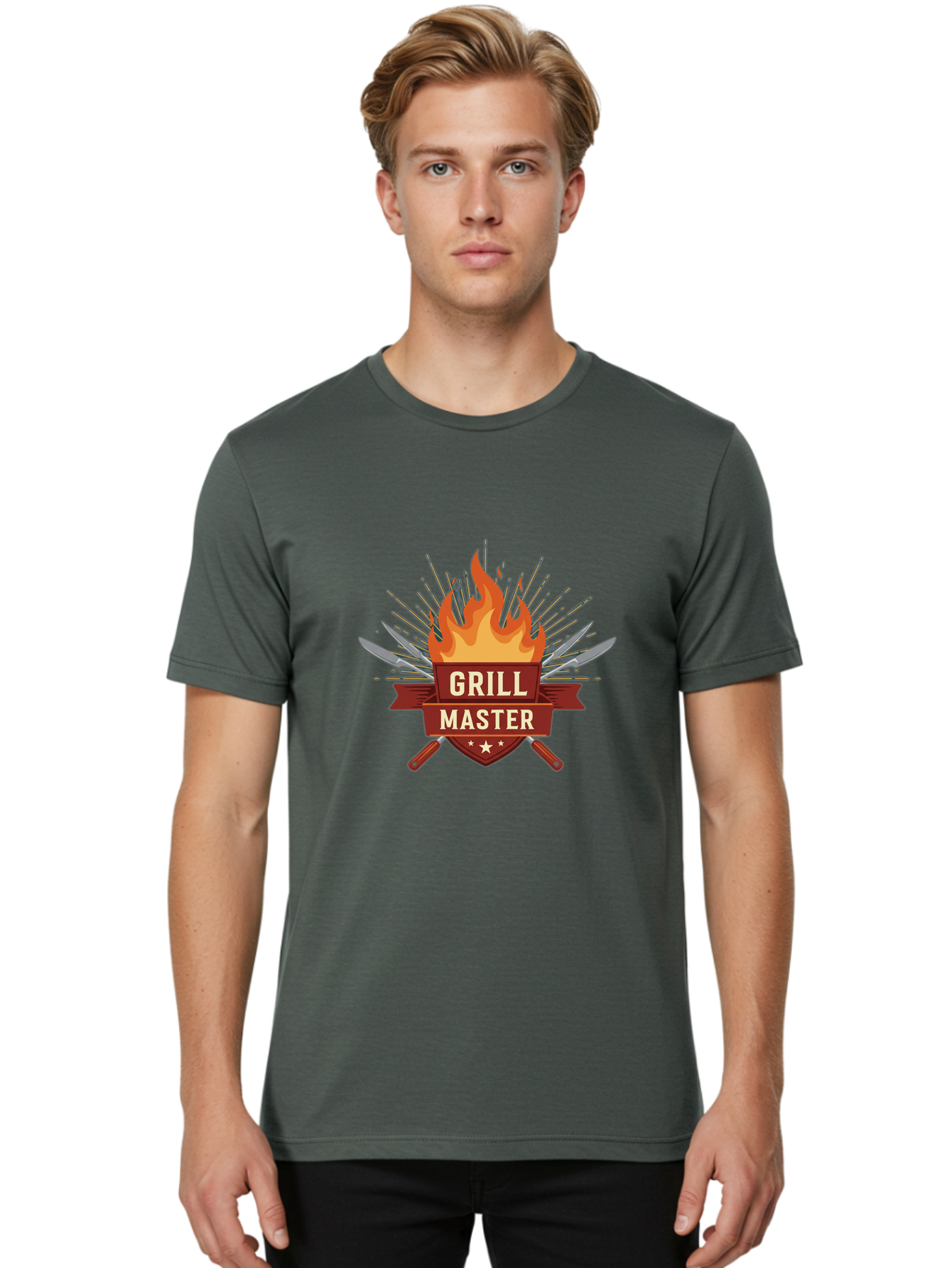 Grill-Master-2 Men'S Graphic Tee, 100% Cotton, Comfortable Casual Summer Wear, Machine Washable, Grill Master Logo, Kitchen Utensils, Chef Knives, Flame Design, Cooking Emblem, Culinary Arts, Barbecue Symbol, Cooking Flames, Chef Badge Bac011